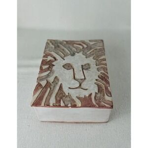 Handmade Pottery Box with Lid‎ 3x6x8" Lion Face Carved Design Rustic Art